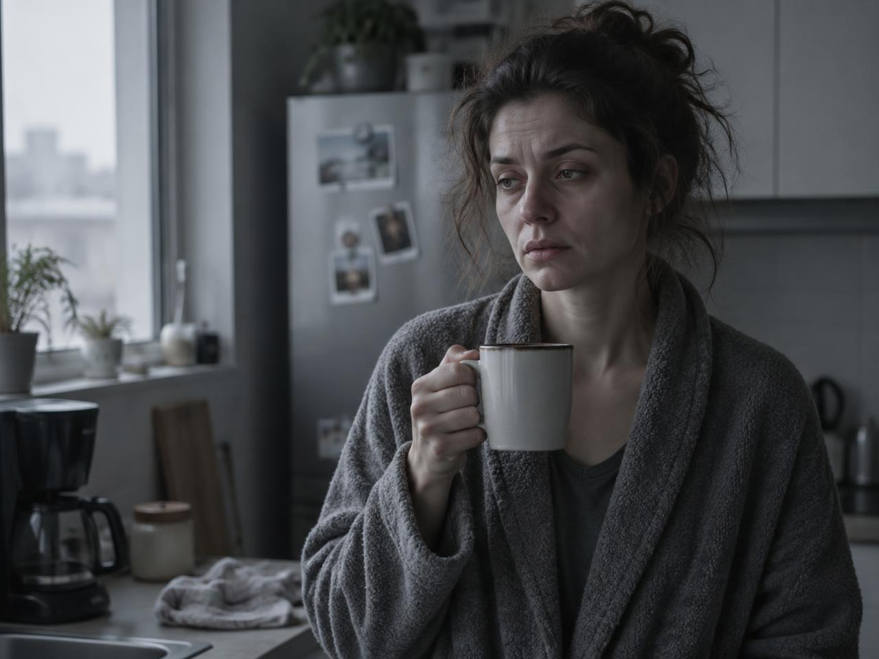 Donna esausta al mattino con una tazza di caffè in mano